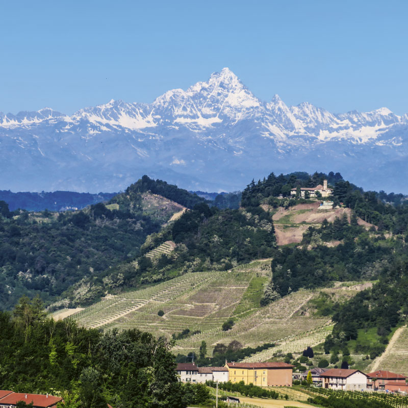 The Sanctuary of Madonna dei Boschi with Monte Viso in the background